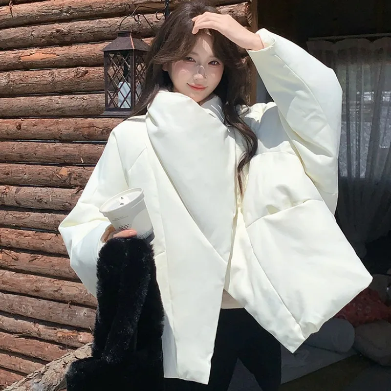 Women Scarf Collar Puffer Jacket Loose Oversized Solid Warm Wrap Design Winter Padded Coat Casual Outerwear
