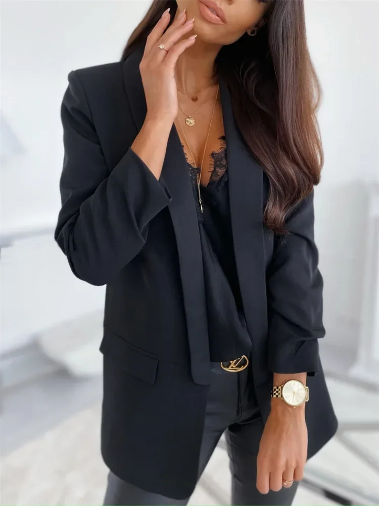 Blazer chic à manches longues pour femmes, veste rétro, revers de document solide, petit haut imbibé, poche, tendance, printemps, automne, 2023