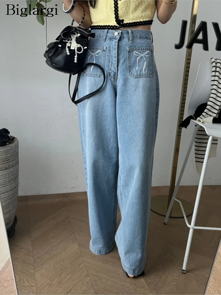 

Jeans Autumn Bow Print Pant Women Korean Style Pleated Loose Fashion Ladies Trousers High Waist Woman Wide Leg Long Pants