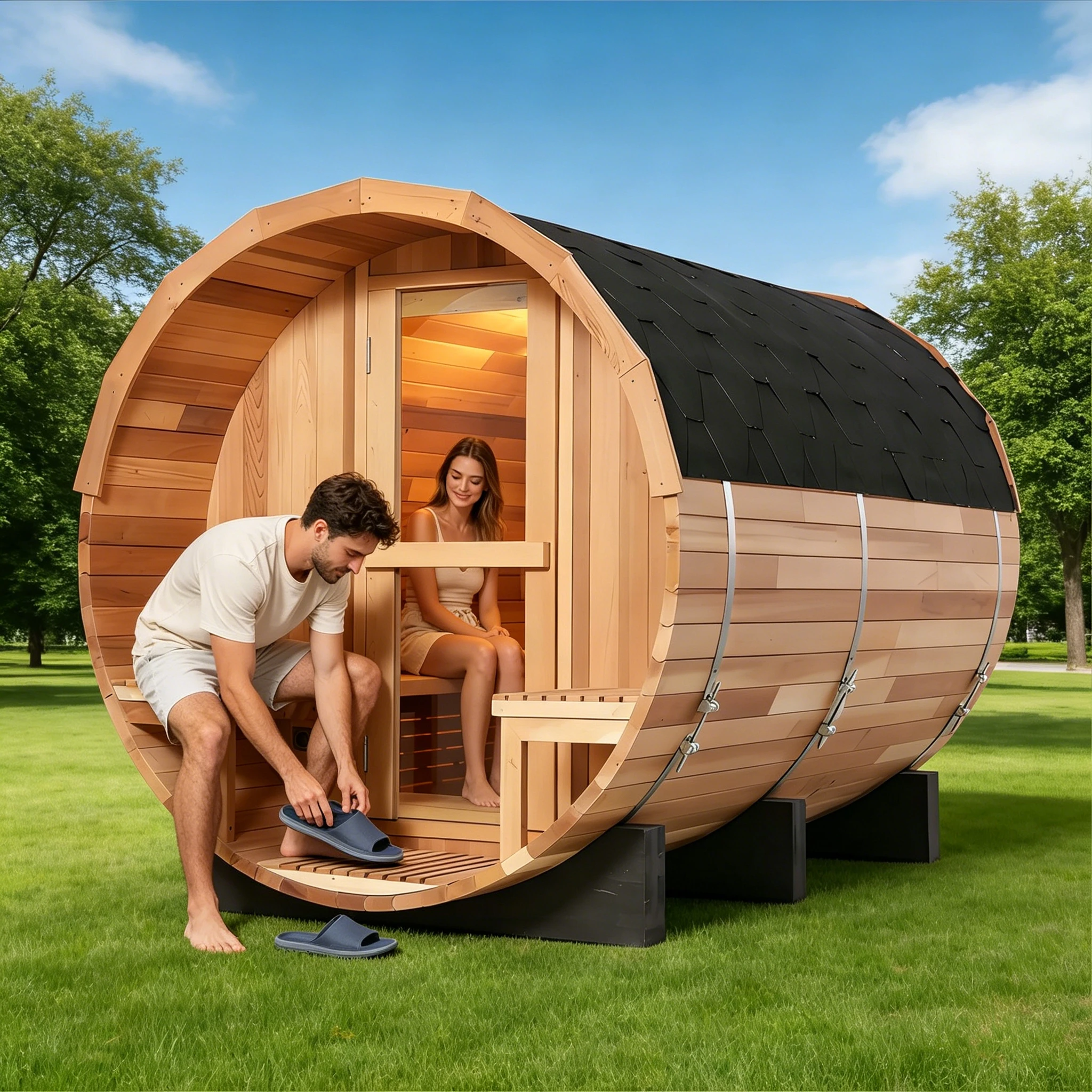 Family Size Outdoor Barrel Sauna Traditional Spa Cedar Built Heater Ventilation Sturdy Door Patio Garden Relaxation