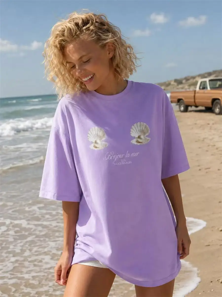 Seafood Seashell Pattern Print Women's T-shirts Beach Style Casual Summer High Street Clothing Short Sleeve Casual Tshirts 2026