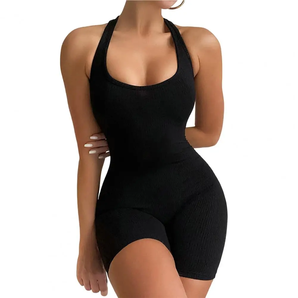 Stylish Sport Jumpsuit Sweat Absorption Racer Back One-Piece Solid Color Skinny Lady Jumpsuit  Bottom Jumpsuit Slim Fit