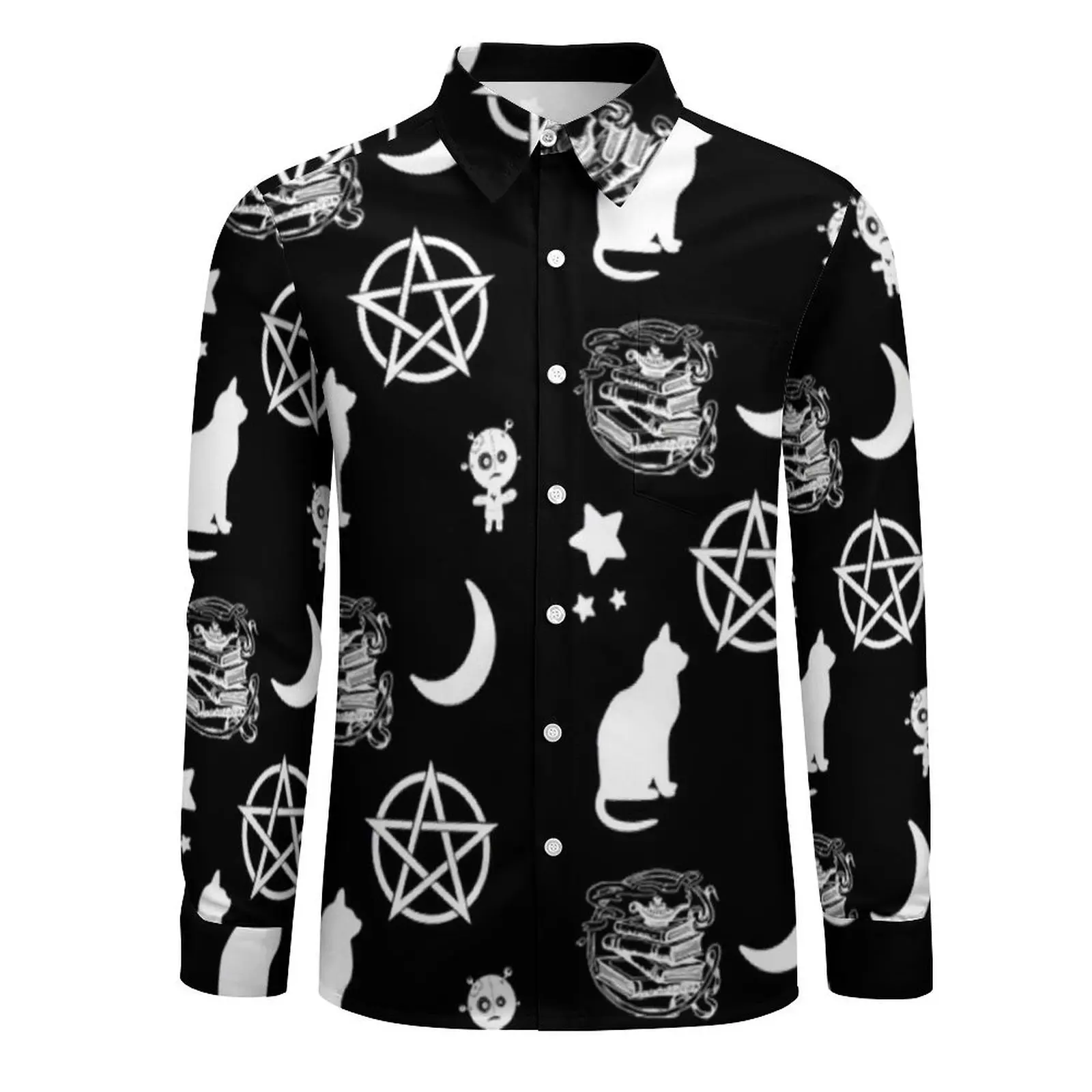 Dark Gothic Print Casual Shirts Cat Star Moon Cool Shirt Spring Comfortable Oversized Blouses Men Long Sleeve Graphic Tops Gift