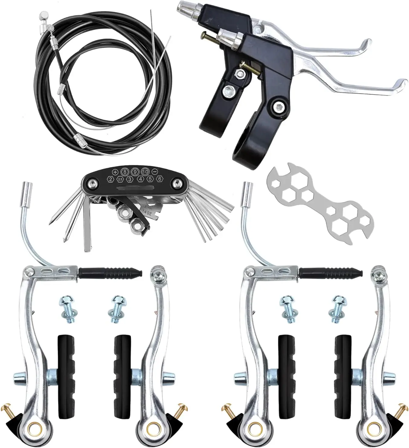 

Комплект велосипедных тормозов V-образного типа, универсальные передние и задние тормоза MTB, тросы, рычаг, суппорты, многофункциональный ключ