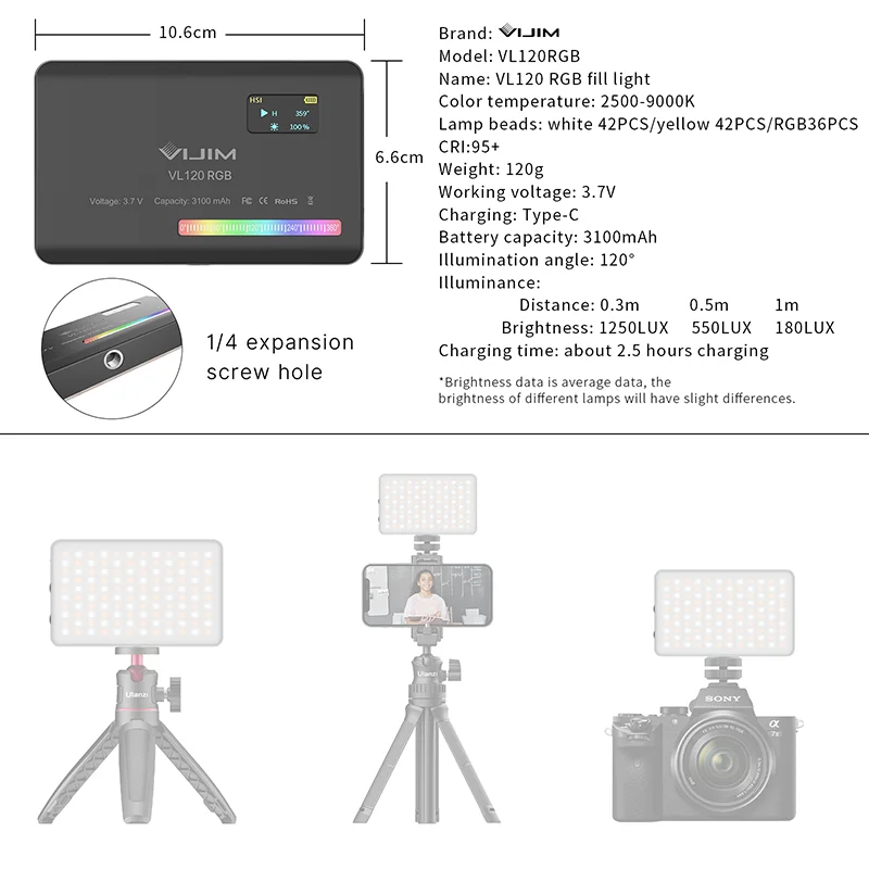 Ulanzi VL120 RGB Full Color Video Light 2500-9000K Fill Light for Camera Smartphone Photography Video Live Streaming Tiktok YT