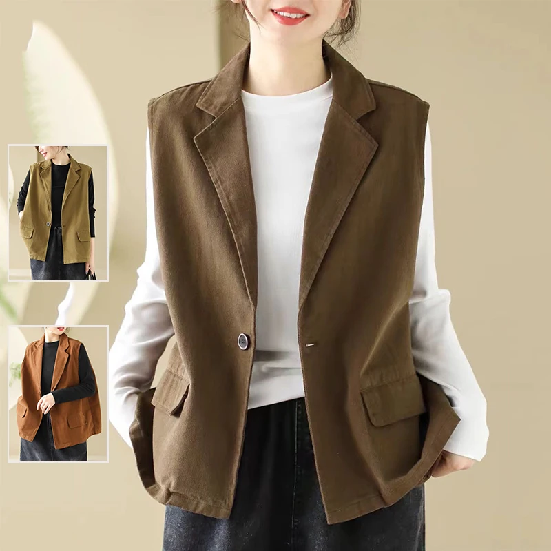 

Retro Simple Color Vest Jaet plus Size Women's Faion Casual Collar Stand up Top Match All Autumn Outerwear