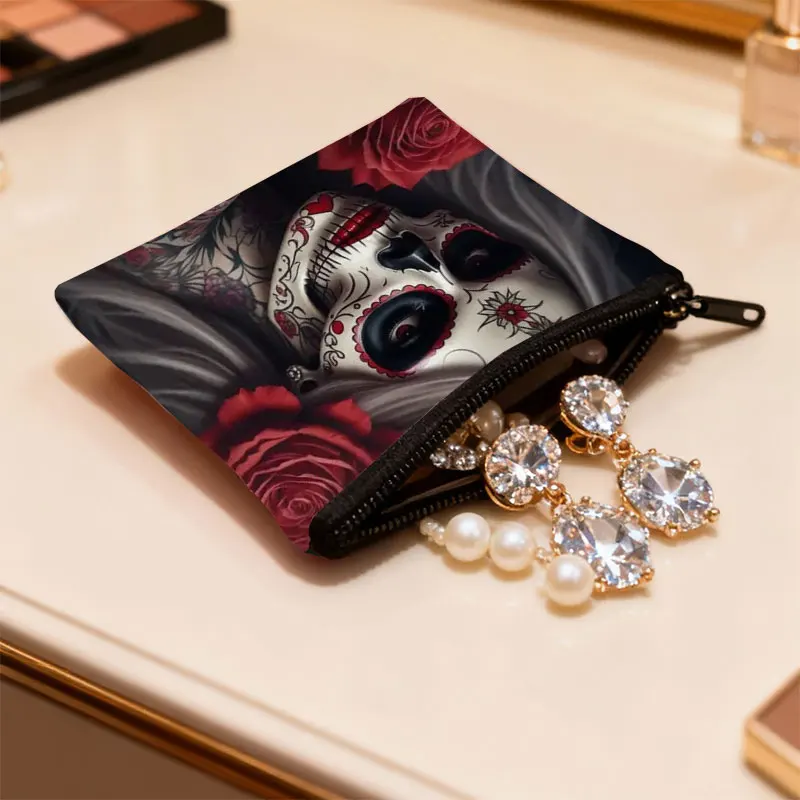 Mexiko Totenkopf Muster Geldbörse Blume Heiliger Tod Geldbörsen Kreditkarte Geldbeutel Santa Muerte Mini Beutel Kleine Aufbewahrungstaschen Geschenk – Detail 6