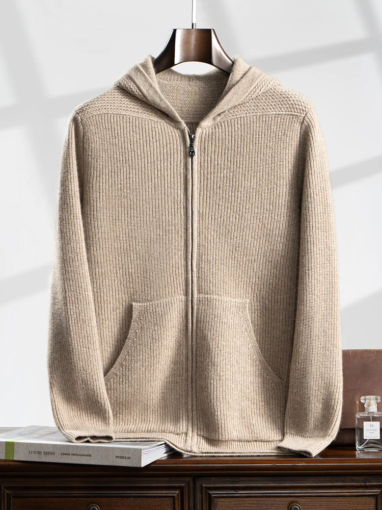 

Choice Autumn Winter Men 100% Cashmere Hoodie Sweater Thick Zipper Cardigan Smart Casual Soft Warm Cashmere Knitted Coat Tops