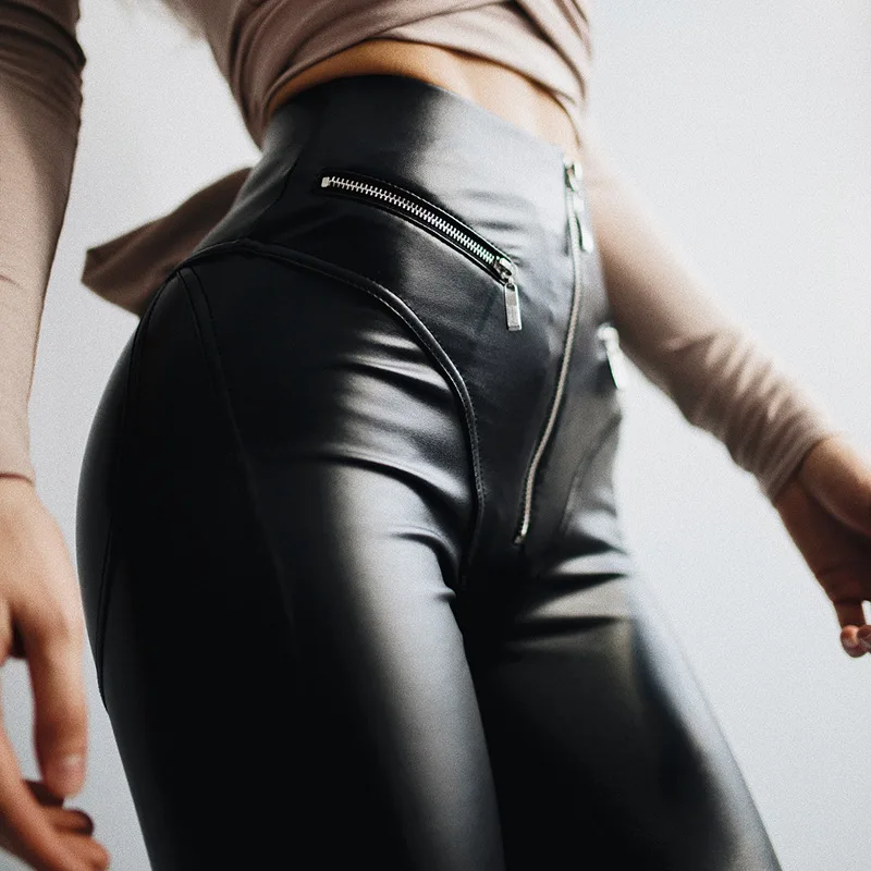 Faux Leather PU Elastic Shaping Hip Push Up Long Pants 2023 Black Gothic Front Zipper Sexy Motorcycle Skinny Leggings for Women