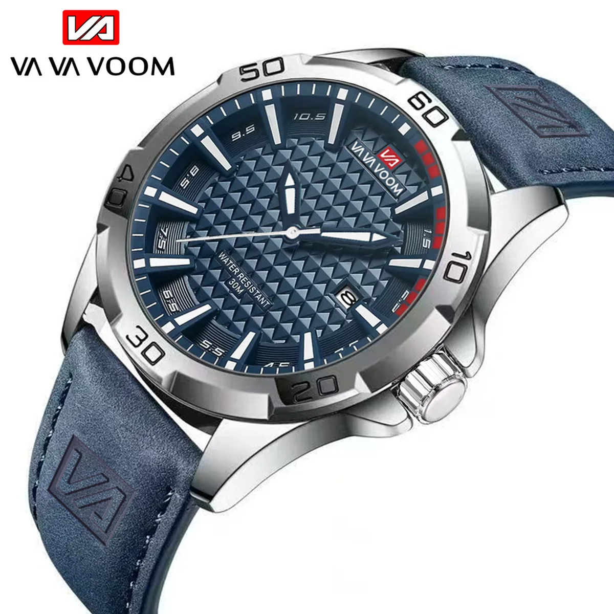 VA VA VOOM أفضل ماركة ساعة رجالية جلدية نمط الأعمال 45 مللي متر الفضة أسبوع ساعة 3Bar مقاوم للماء ساعة رياضية عسكرية للرجال reloj