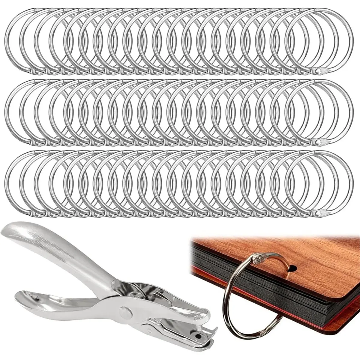 Pack of 100 Book Rings with Hole Pliers,20 mm Index Card Rings,Loose Leaf Metal Spiral Bound,for Loose Leaf,Scrapbooking