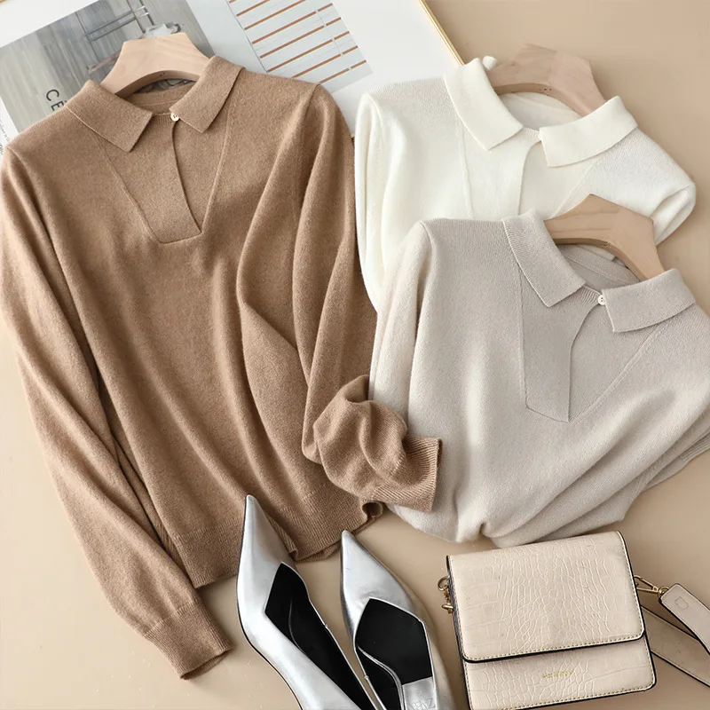 

Sweater for Women 2024 New Autumn Winter Cashmere Polo Collar Casual long Sleeve Pullover