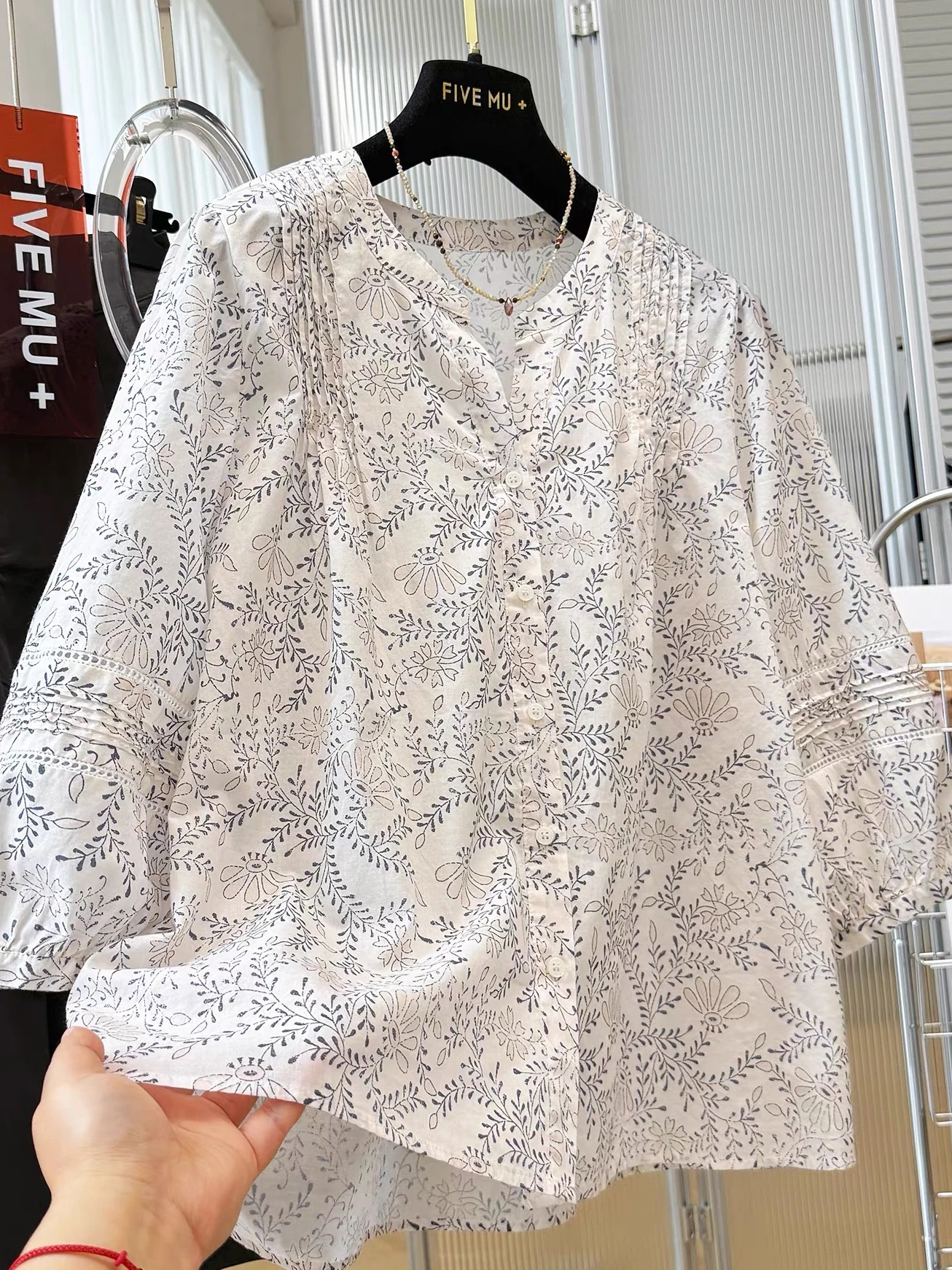 

Loose Fit Floral Print Half Sleeve Shirt Women's Summer Anti-Aging Korean Style Casual Polyester Fiber V-Neck Single Piece