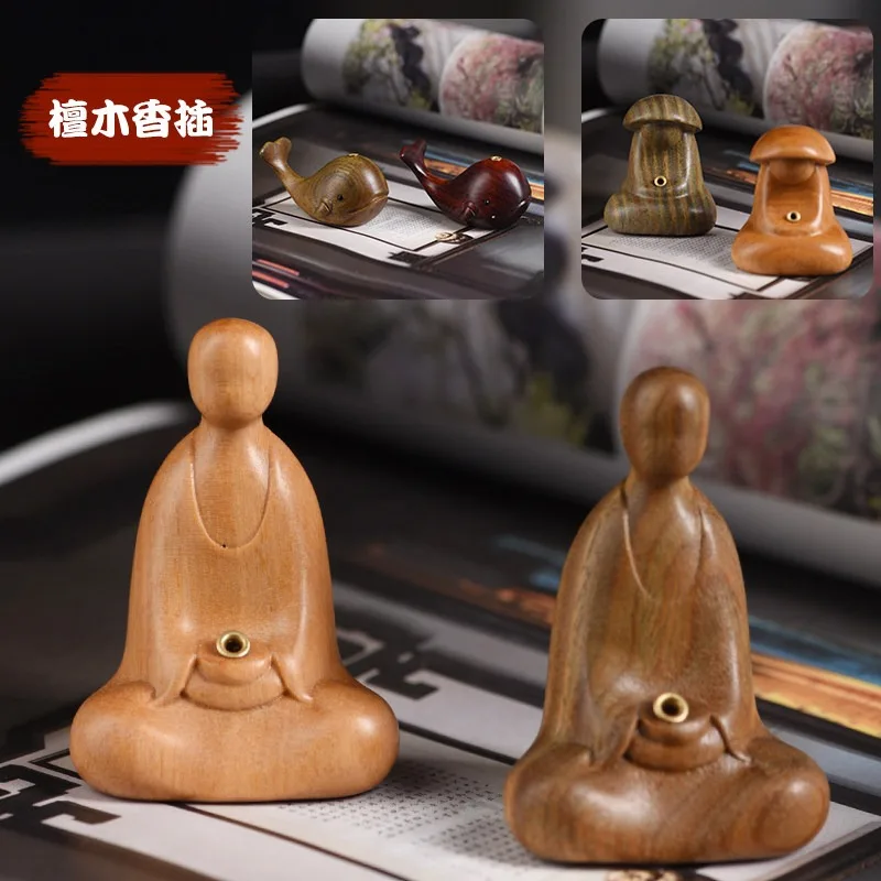 Green Sandalwood Carved Meditation Tea Pet Incense Holder Figurine Desk Decor Handmade Wood Craft Ornament Gift for Home Office