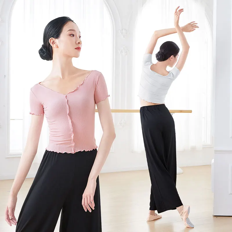Women Ballet Tops Short Sleeve Wavy Dance Crop Tops Adults Dance Shirt Ballet Training Costumes Ladies Dance Tops