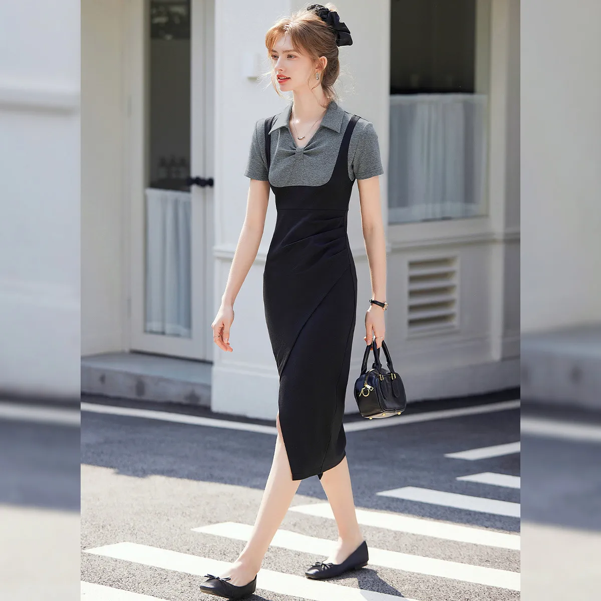 LOUIS YAO 2025 verano Color contrastante empalme falda larga dividida elegante adelgazante cuello largo vestido de mujer de manga corta