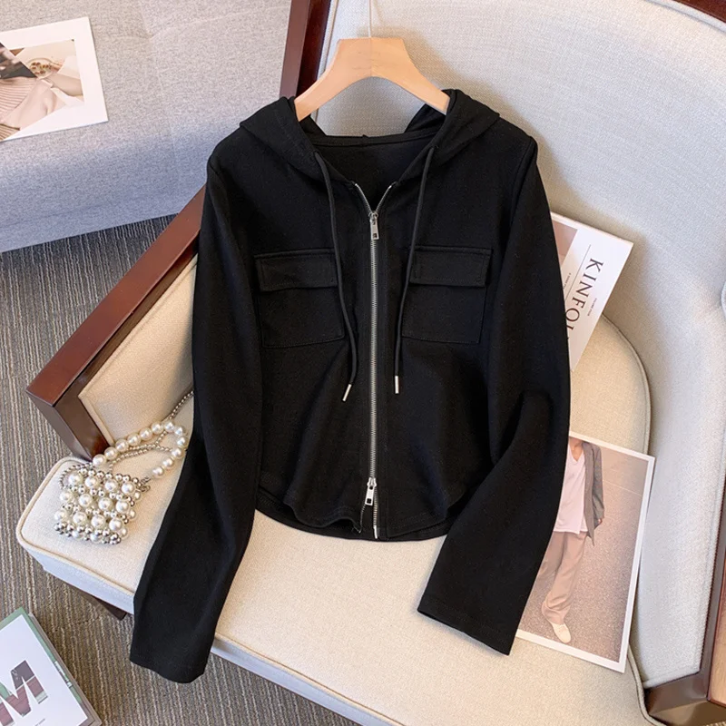 

Hooded Graphic Hoodies Winter Woman Clothing Material Thick Zippered Sporty Basics Prints Embroidered Multi-Pocket Decor Basics