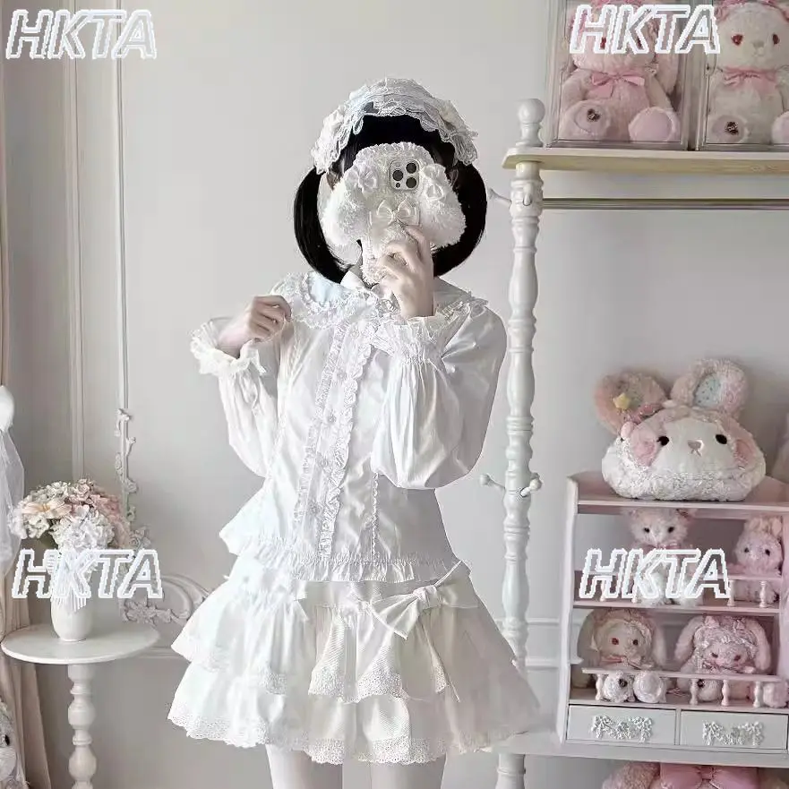 

Милая осень, милая мультяшная кукла Лолита, воротник, внутренняя рубашка с длинными рукавами, женские кавайные кружевные лоскутные плиссированные блузки с бантом, топы для девочек