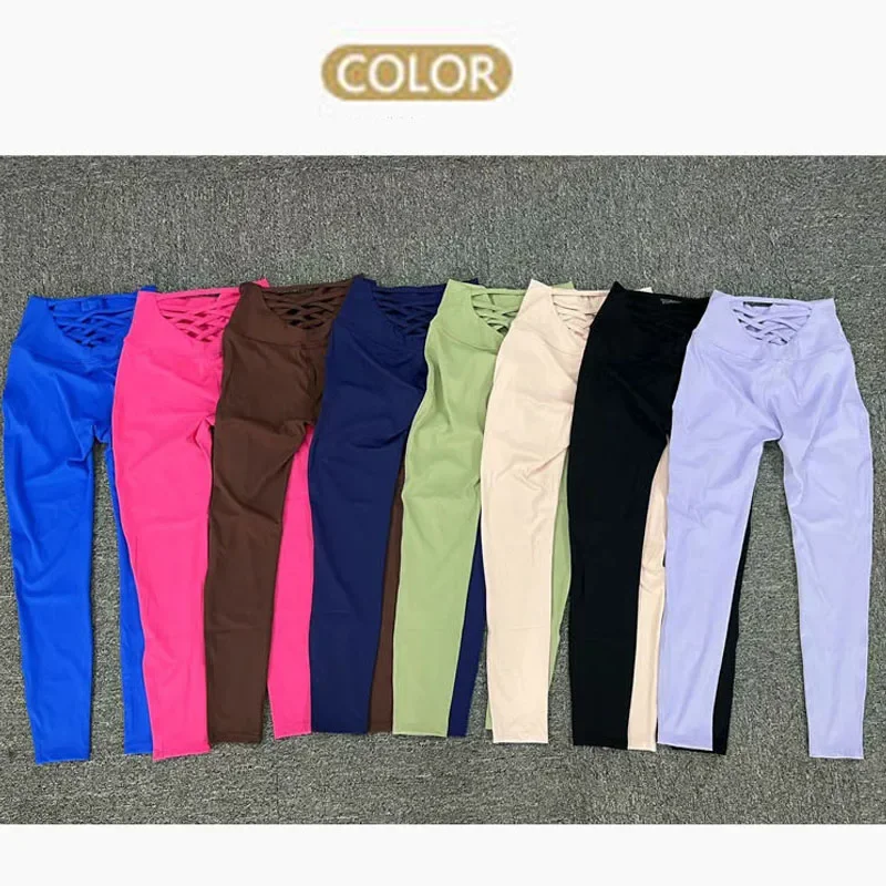 2024 Leggings da yoga in nylon Vita posteriore Pantaloni a prova di squat vuoti incrociati Alta elasticità Traspirante Allenamento in palestra Fitness attivo