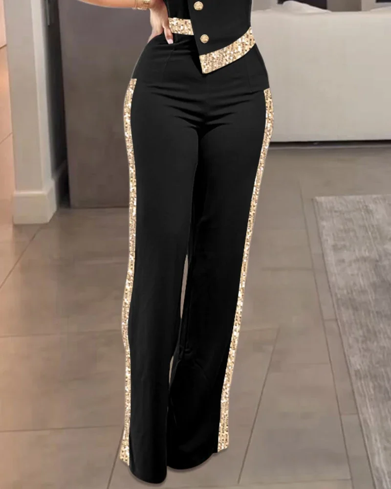 Jumpsuit Women 2025 Spring Fashion Color Blocking Sequin Button Decor Bandeau Sleeveless High Waist Elegant Wide Leg Jumpsuit