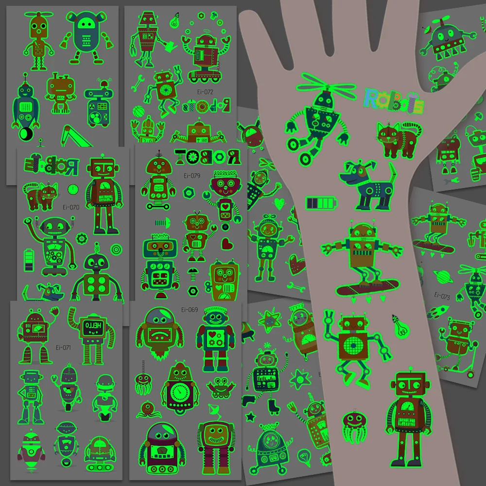 12 Sheets Luminous Robot Temporary Tattoo Stickers, Glow in the Dark Robot Technology Robotic Pattern, Birthday Party Supply