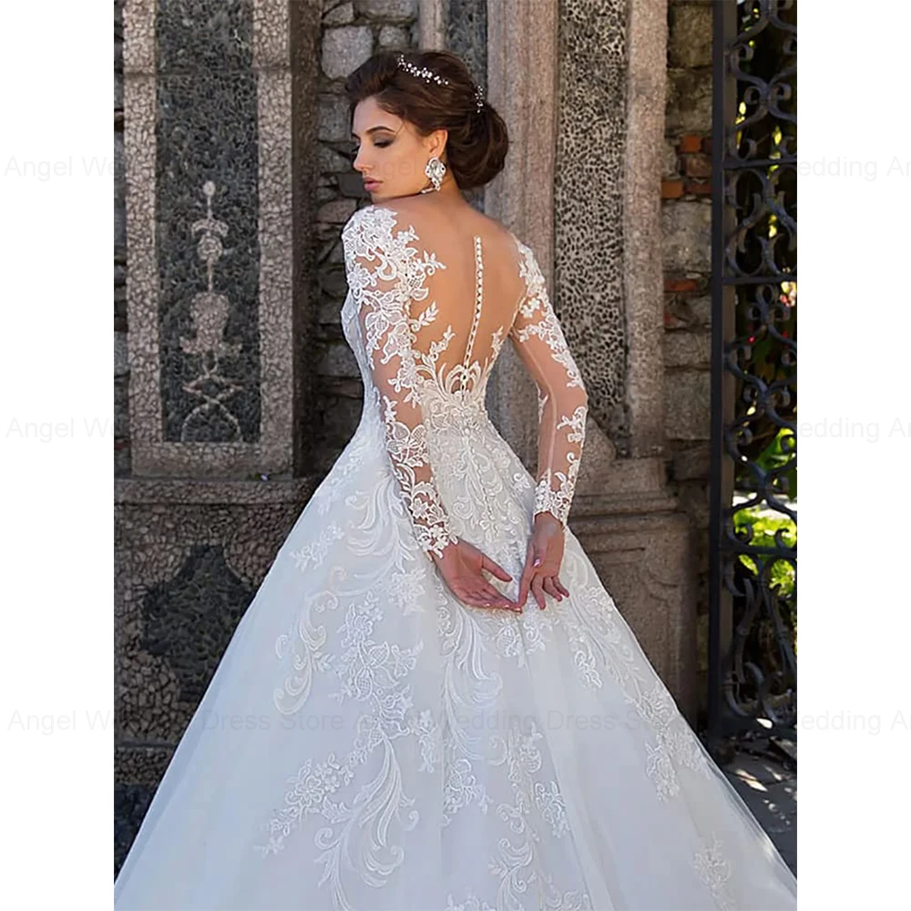 ANGEL فستان زفاف فاخر للعروس 2025 مخصص على شكل حرف a مغرفة دانتيل زينة الوهم زي العرائس ذيل Vestidos De Novia