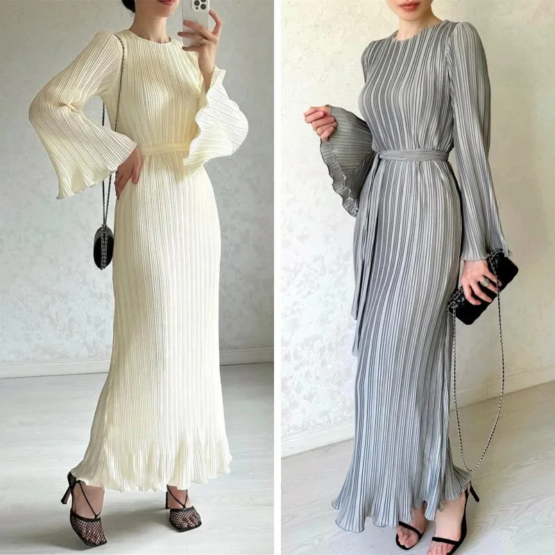 

Elegant Pleated Tied Dress Casual Round Neck Flared Sleeve Long Dress New Stylish Solid Color Women's Fitted Waist Party Gown