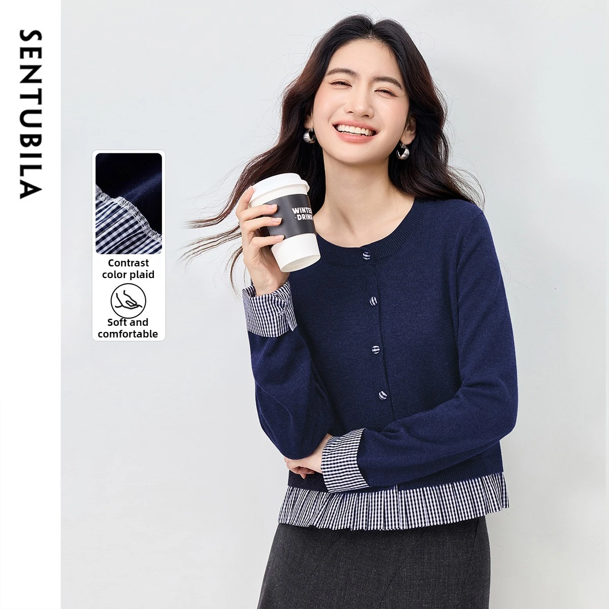 SENTUBILA 여성용 모크 투피스 가디건 2025 가을 O넥 배색 체크 스웨터 출퇴근 캐주얼 니트 탑 W54EB4066