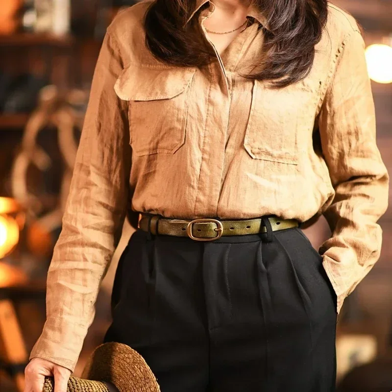 

Retro Narrow Genuine Leather Women's Belt Pure Copper Button Western Cowboy Style Versatile Jeans Belt Fashion Luxury Women Belt