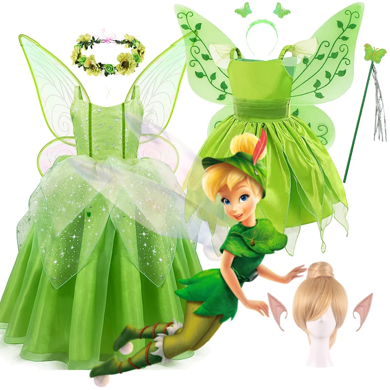 Disfraz de hada verde para niñas, vestido de campanilla para niños, princesa de Disney, alas de Hada de las flores, disfraz de fiesta, vestidos de campanilla