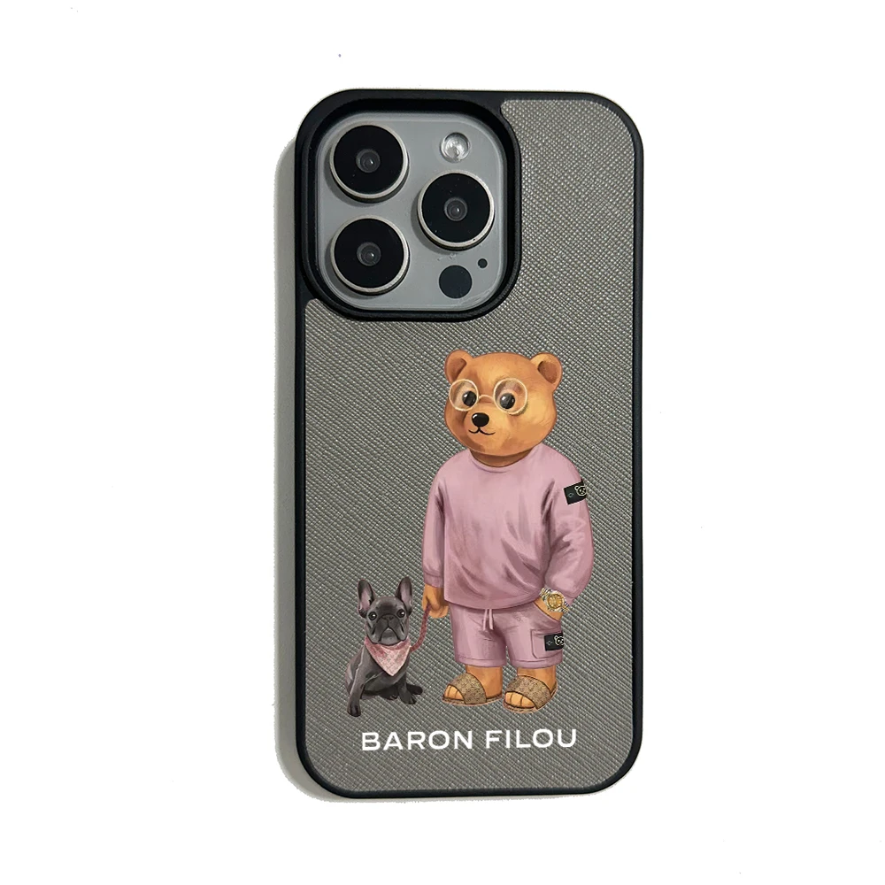 BARON FILOU BEAR جراب هاتف آيفون 16 15 14 plus 13 12 11 pro max غطاء فاخر متقاطع من الجلد فوندا حافظات كلب لطيفة