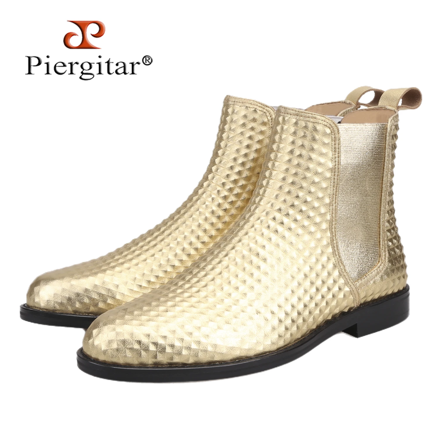 Piergitar Winter New Style Handcrafted Customized Gold Diamond Embossed Leather Chelsea Boots British Classic Men's Casual Boot