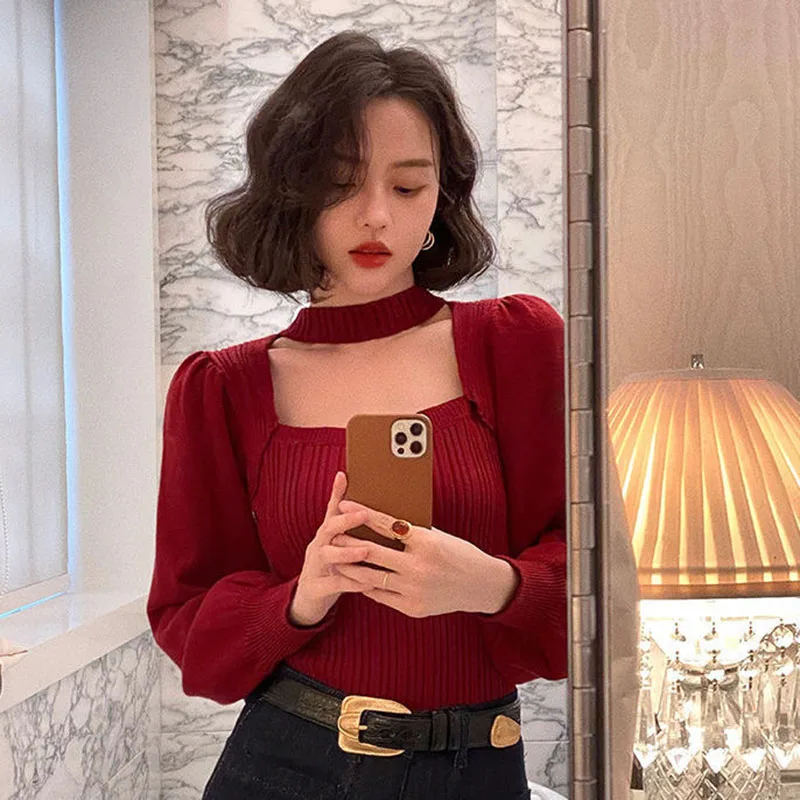 

Винтажные футболки с бретелькой на шее для женщин, топы, элегантные трикотажные рубашки с пышными рукавами и тонкой подошвой, офисные женские пуловеры, женские футболки