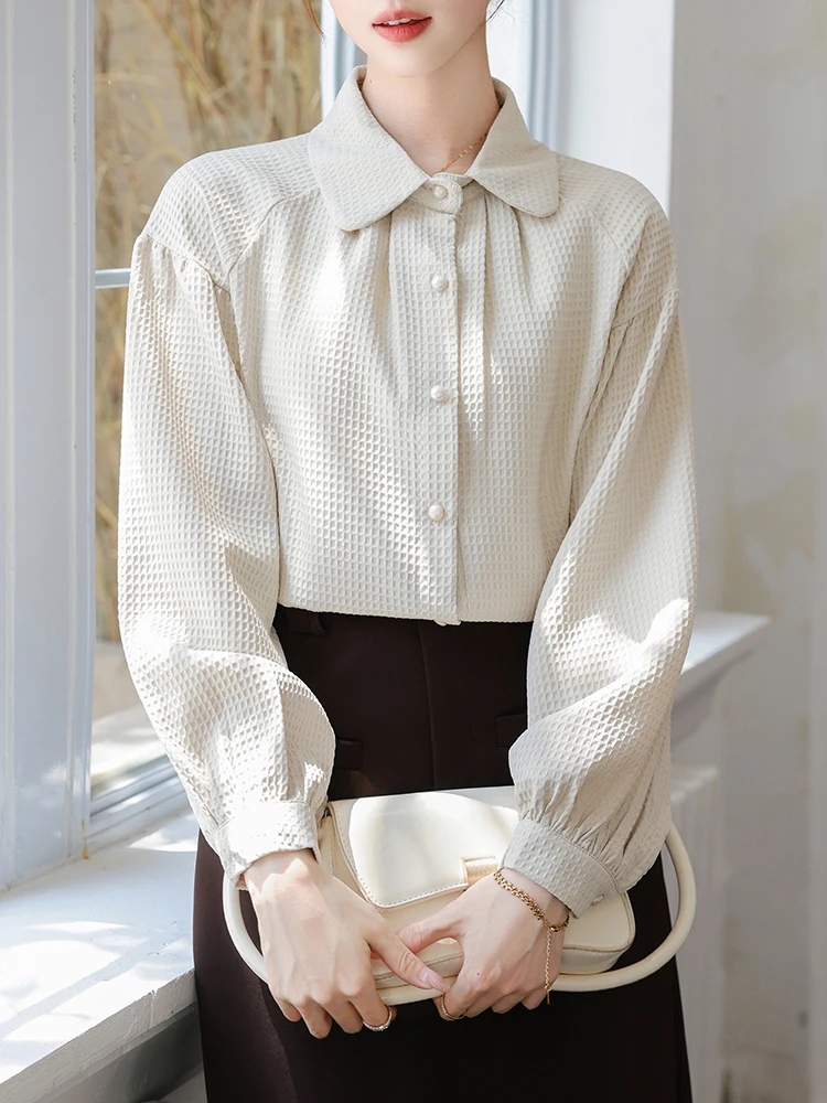 Women Dressy Casual Tops Bussiness Work Blouses Apricot Button Down Shirts Long Sleeve Waffle Single-Breasted Tops Elegant Shirt