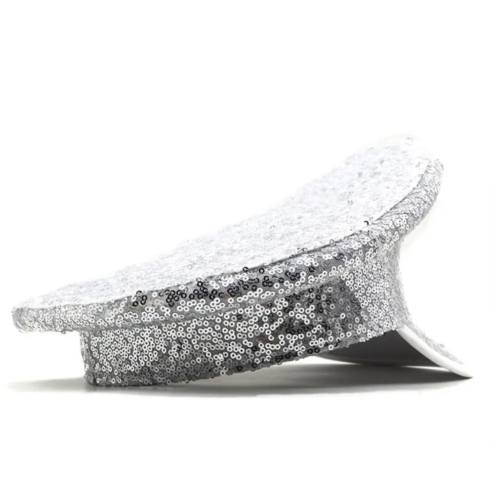 Punk PU Leather Sequin Flat Top Hat Shiny Y2k Hats Sunscreen Sergeant Style Embellished Hat Men