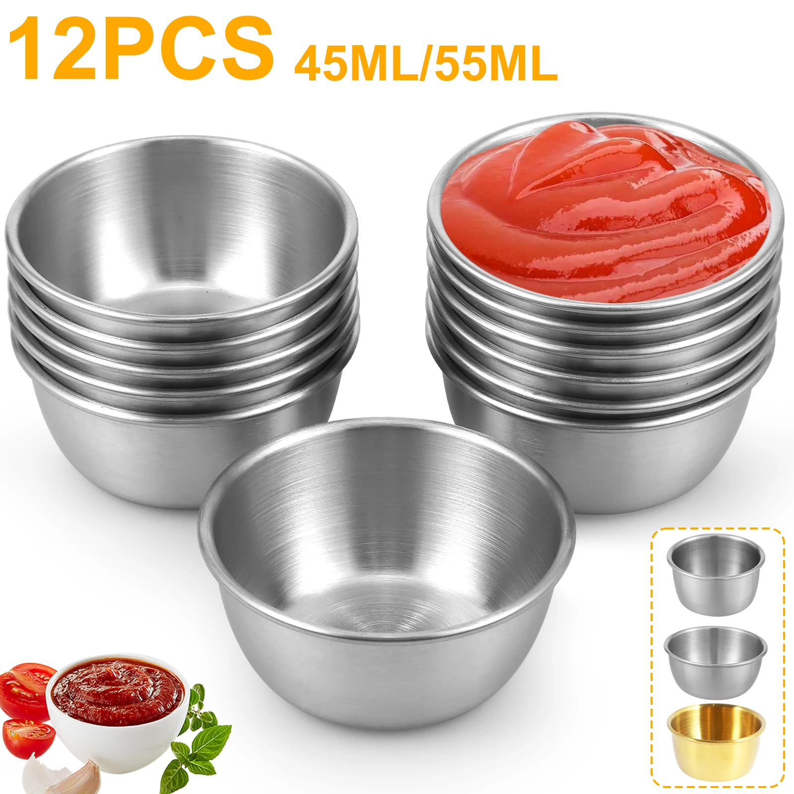 12 Uds. Cuenco para inmersión de salsa, tazas para inmersión de acero inoxidable 304, platos redondos individuales para salsa, Mini tazas para condimentos reutilizables de 45/55ml