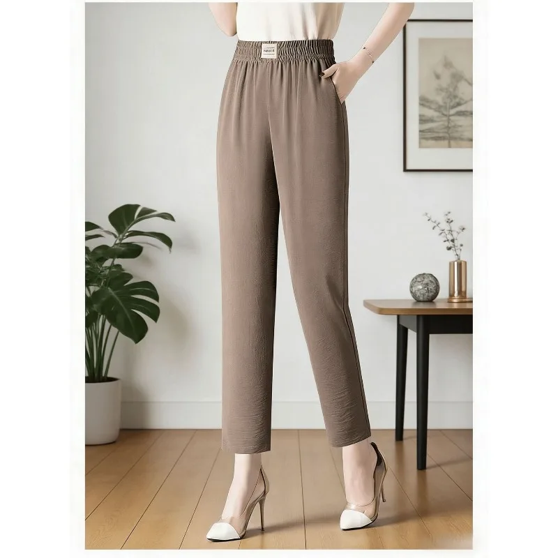 

Womens Elastic High Waist Straight Cropped Pants Side Pockets Loose Fit Casual Ankle Length Trousers