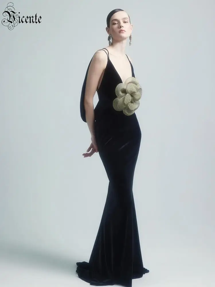 VC Maxi Black Velvet Long Dress With Braces And a Big Flower Criss Cross Backless Mermaid Pleated Prom Party Evening Gowns