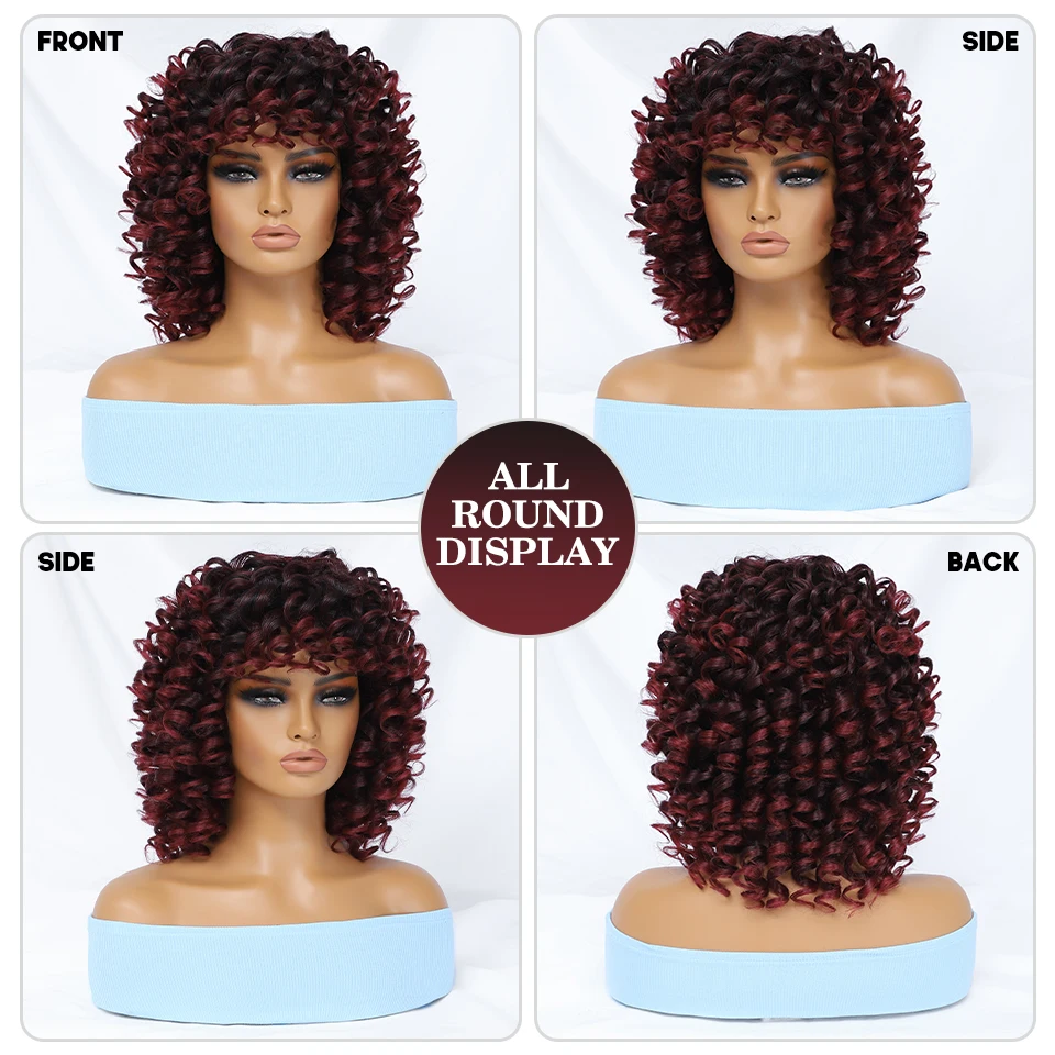 Afro Kinky Curly Wig With Bangs for Black African Women  Short Hair Ombre Curly Wig 14 inch High Temperature Wigs