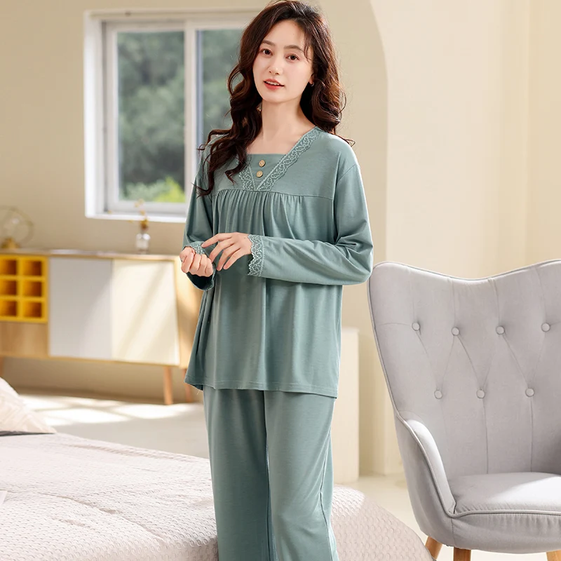 Women V-Neck Pajamas Modal Pajama Sets Sleepwear Long Sleeve Tops + Long Pants Pyjamas Elegant Lace Princess Home Clothing XXXXL