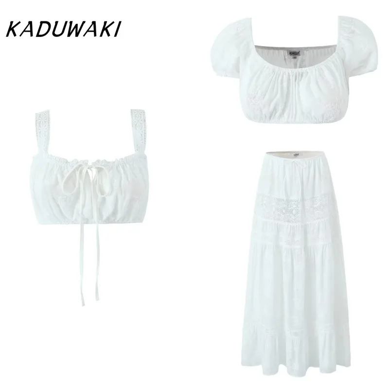 

KADUWAKI Sexy Lace Skirt Set Dress Summer Women Beach Holiday Y2k Cotton Matching Sets Outfits Spring White 2Pcs Vestidos Female