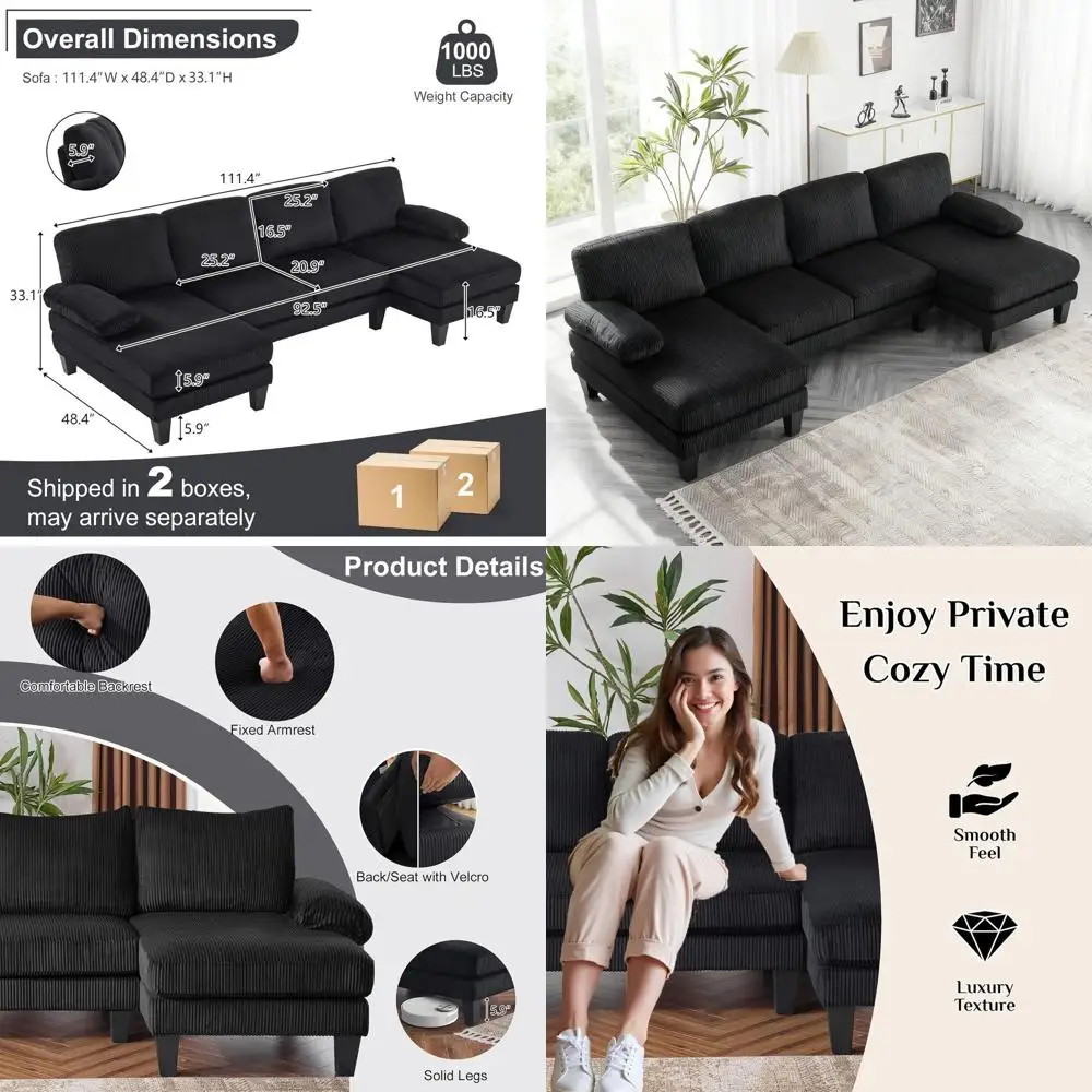 

U-образный 4-местный секционный диван с оттоманками, ножками под дерево, обивкой из вельвета, для гостиной или офиса, черный