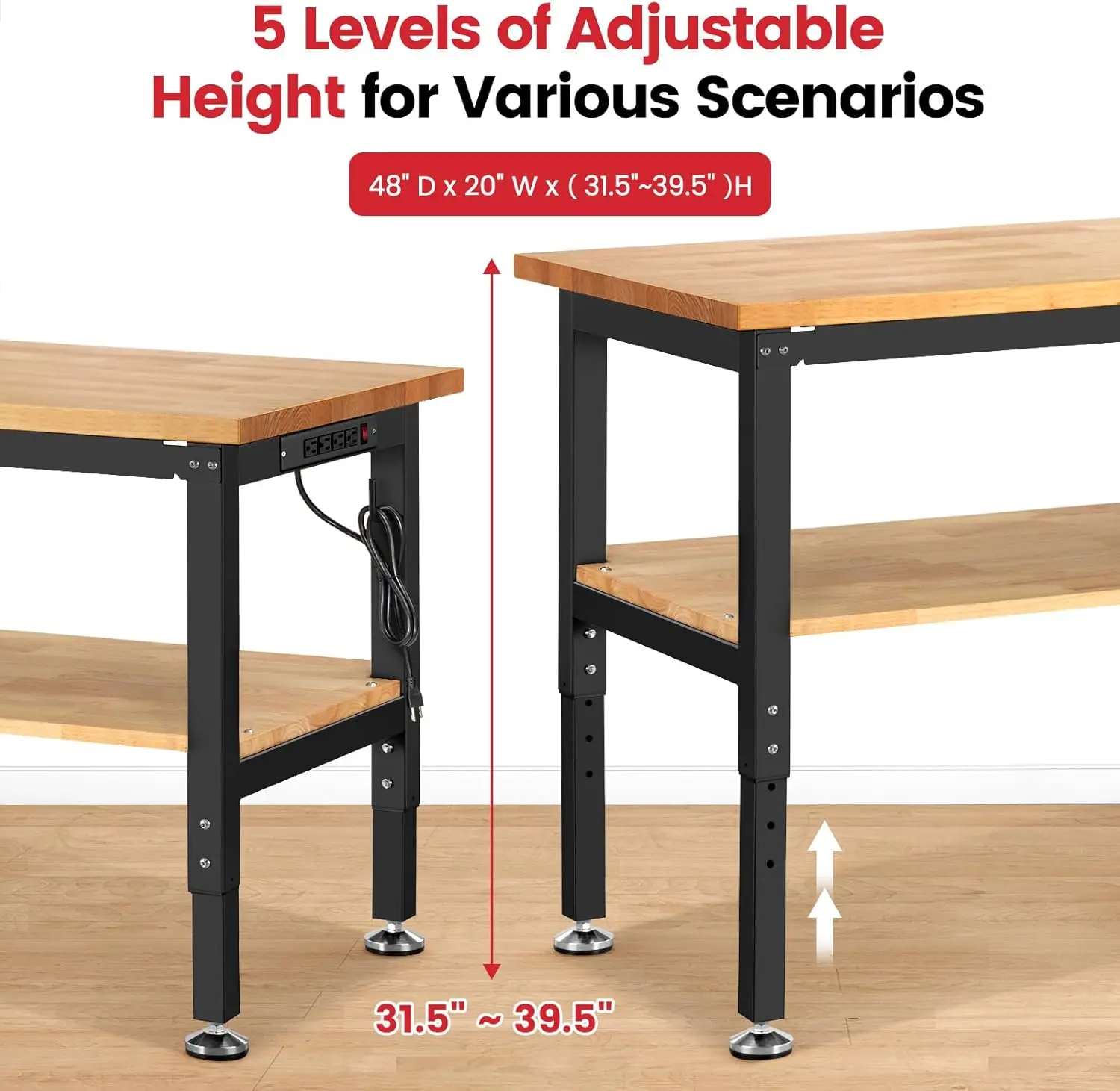 Adjustable Height Work Bench Shelf for Shop Woodworking,