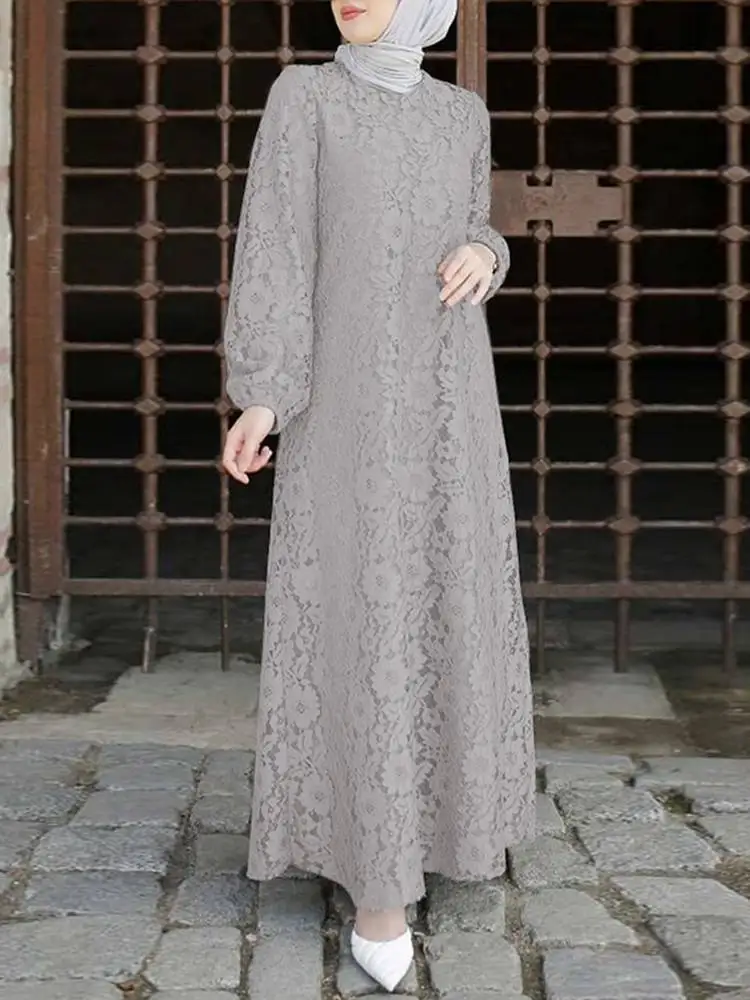 ZANZEA Autumn Women Elegant Robe Fashion Lace Crochet Muslim Dress Long Sleeve Dubai Turkey Abaya Hijab Sundress Ramadan Dresses