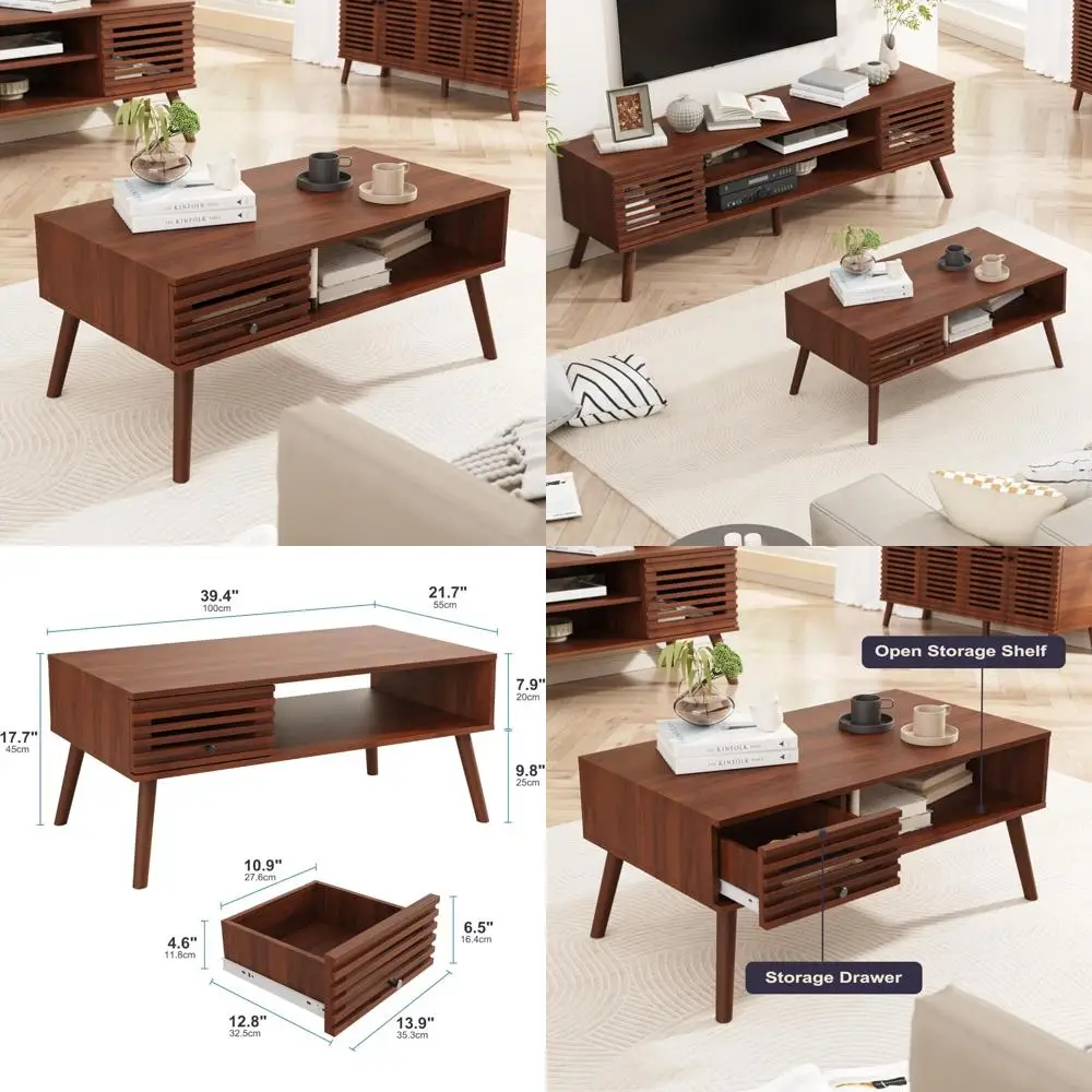

Mid-Century Modern Coffee Table with Storage, Slatted Drawer, Fluted Wood Design for Living Room