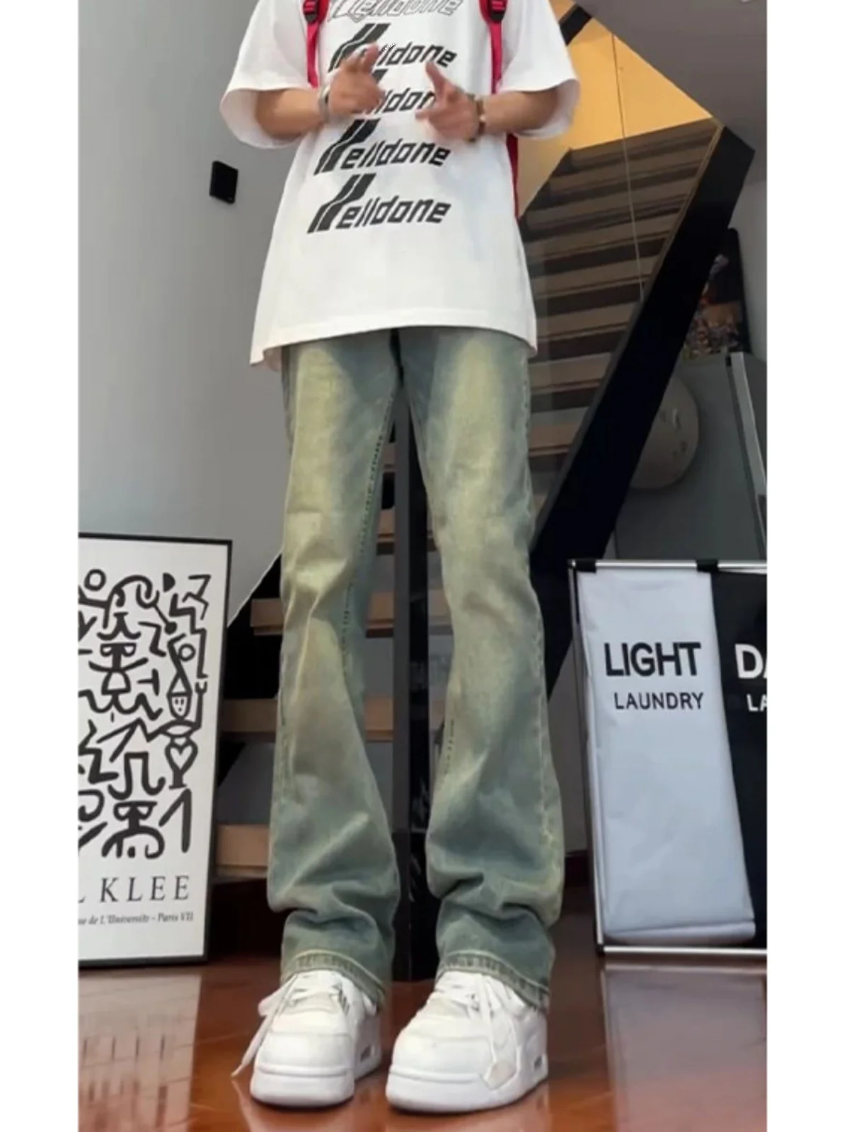 

Cleanfit Men's Blue Waed Retro Denim Jeans High Street Straight Leg Micro Flared Pants Cool Haome Teenager Faion