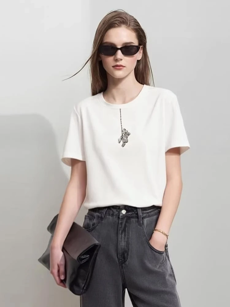 

Amii T Shirts Woman 2026 Summer New Cotton Round Neck Tee Casual Bear Embroidered Versatile Short Sleeve Top For Women 12622086