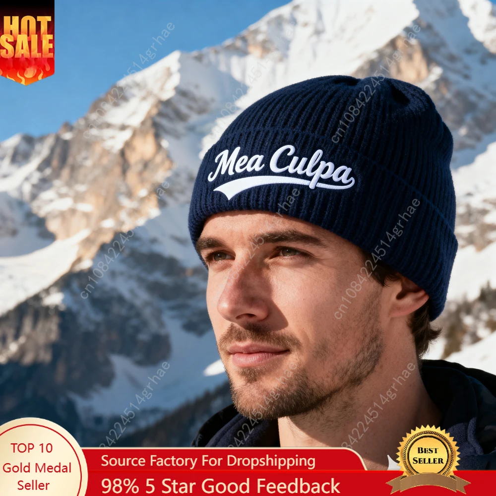 

1pc'MEA CULPA' Embroidered Beanie Soft Stretchy Lightweight Winter Hat for Men & Women, Outdoor Hip Hop Fashion