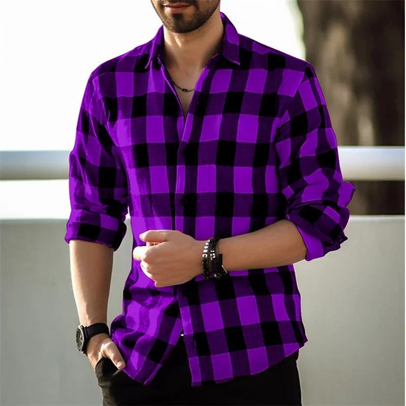 Camisa informal Retro para hombre, camisa de manga larga con estampado a cuadros morados, cárdigan, S-6XL de verano, alta calidad, novedad de 2024
