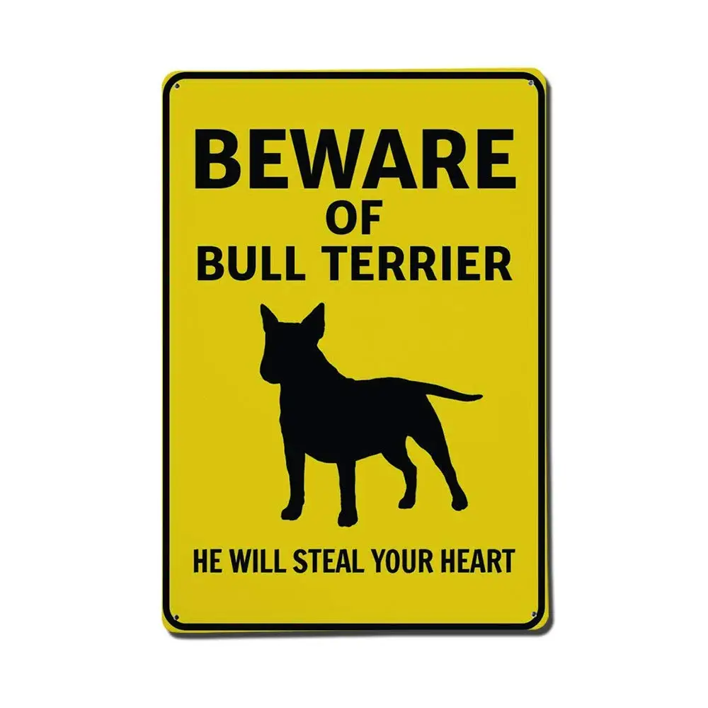 Isaric Tin Sign Metal Sign - Beware of Bull Terrier HE Will Steal Your Heart - 8 x 12 Inches